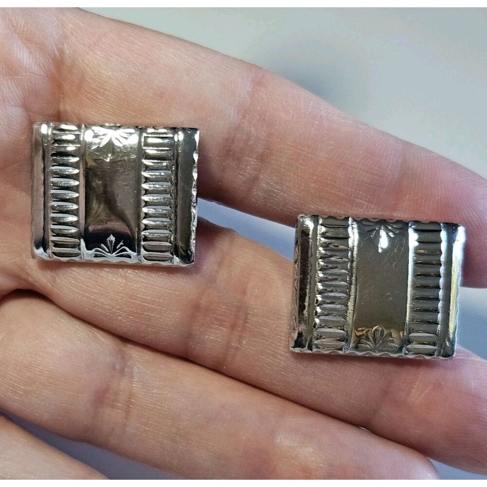 Silver Tone Rectangular Art Deco Cufflinks Stamped Star Etched Lines